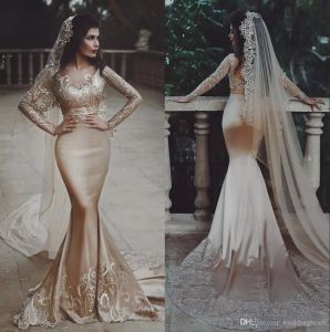 2019 Champagne Two Pieces Mermaid Wedding Dresses Beaded Scoop Neck Appliqued Beach Bridal Gowns Long Sleeve Plus Size Satin robes de soirée