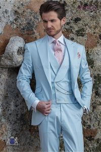 Yeni Moda Açık Mavi Damat Smokin Yakışıklı Adam Düğün Suit Slim Fit Bir Düğme Erkekler Iş Yemeği Balo Blazer (Ceket + Pantolon + Kravat + Yelek) 104