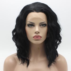 Iwona Hair Natural Wavy Medium Long Jet Black Wig 17#1 Half Hand Tied Heat Resistant Synthetic Lace Front Wig