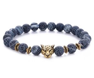 Hot Selling 8mm Black Beaded Strands Bracelets Weathered Agate Alloy Gold/Silver Leopard Head Beads Hand Wrist Ring Jewelry