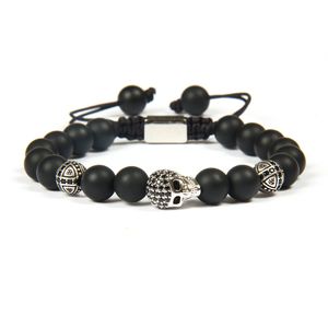Wholesale mens silver rope bracelet resale online - Ailatu Jewelry mm Black Agate Stone Beads With Black Cz Male Skull Macrame Bracelets Men s Diy Skull Jewelry