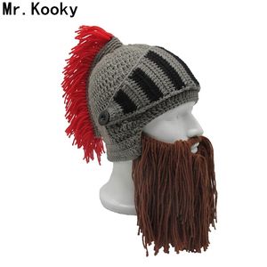 Mr.Kooky Red Tassel Cosplay Roman Knight Knit Helmet Men's Caps Original Barbarian Handmade Winter Warm Beard Hats Funny Beanies C18103101