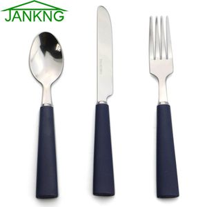 Jankng 3ピースステンレススチールの食器セットキッズマットブルーハンドルフォークナイフカトラリーセットディナーシルバーウェア食器1