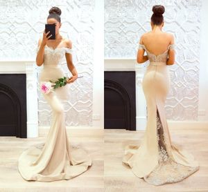 Off Ramię Koronki Mermaid Prom Dresses Aplikacja Długość podłogi Backless Formalne Suknie Wieczorowe Suknie Party Custom Vestidos de Fiesta Largos