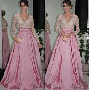 Evening Dresses with Long Sleeves V Neck Beaded Bodice Ruffled Taffeta A-Line Ball Gowns Mother of the Bride Dresses Evening Gowns with Belt