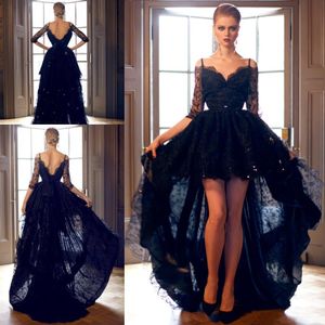 Modest Black Lace High Low Prom Dresses 2019 Long Half Sleeves V Backless Vestidos De Festa2856