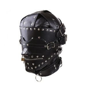 PU-Leder-BDSM-Bondage-Maske, vollständiger Kopfgeschirr, Fetisch mit Augenbinde und Reißverschluss, verschließbare Sexsklavin-Kopfhaube, Sexspielzeug für Paare, Y18100802