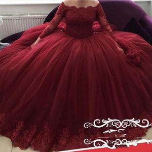 Wholesale ball gown puffy sleeves for sale - Group buy 2018 Cheap Burgundy Ball Gown Quinceanera Dress Off Shoulder Long Sleeves Lace Appliques Puffy Sweet Prom Evening Gowns Wear Vestidos