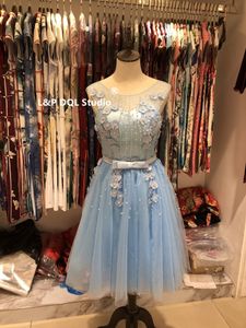 Fairy Light Sky Blue Prom Dress Real Photos Scoop Sheer with Applique Beading Tea Length Prom Dresses Evening Gowns