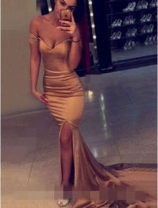 2018 Robe de soirée longue de ouro Prom Vestido sexy Off ombro Sexy Mermaid sweetheart lado Dividir Trem Da Varredura Gala Jurken Vestido Formal