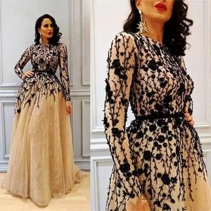 African Long Sleeves Evening Dresses With Appliques Tulle Champagne Prom Dress A Line Back Zipper Dubai Women Formal Party Dress Vestidos