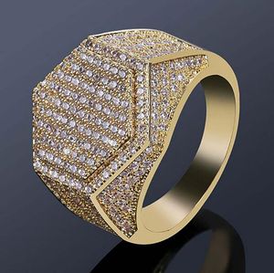 Mens 18K banhado a ouro hexágono geométrico gelado para fora pavimentar cz bilhão de cz simulado diamantes de diamantes pedras de ouro anéis de prata com caixa de presente