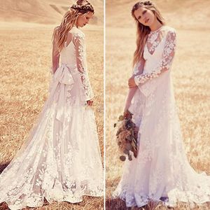 Fashion Lace New Dresses Sheer Neck Sweep Train Vintage Long Sleeves Garden Beach Boho Wedding Party Country Bridal Gowns
