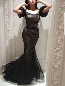 Yousef Aljasmi Black Mermaid Prom Dresses Off the Ramię Tulle Długość podłogi Sexy Formalna Sukienka Party Wieczór Nosić Cekinowe suknie wieczorowe