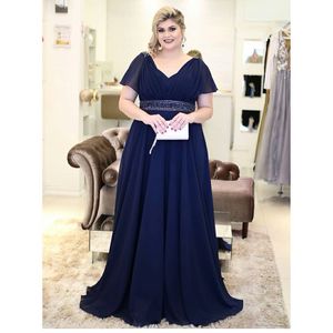 Navy Blue Plus Size Evening Dresses Short Sleeves Beads Sequined Sweep Train Formal Dress Sequined Prom Wear yousef aljasmi
