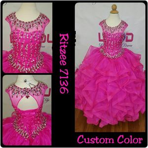 Ruffles Girls Pageant Dresses 2019 Beaded Rhinestones Fuchsia Girls Prom Party Dance Gowns Lace Up Back Real Pictures Ballgown Ritzee