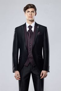 Modische Groomsmen spitze Revers Bräutigam Smoking glänzend schwarz Männer Anzüge Hochzeit/Abschlussball Trauzeuge Blazer (Jacke + Hose + Weste + Krawatte) A204