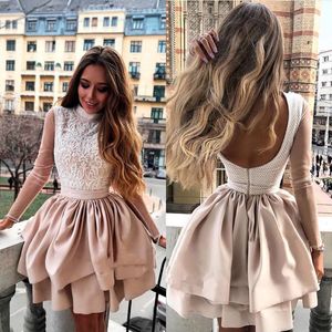 Blush Pink Short Homecoming Dresses High Neck Long Sleeves Prom Gowns Back Zipper Tiered Knee-Length Custom Made Formal Party Gowns
