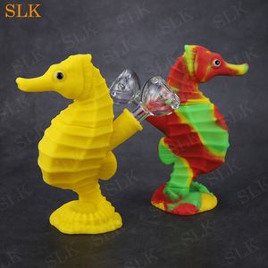 Mini Hippocampus Shape Silicone Water Smoke Tubo 10 sólido verde amarelo mistura Bubbler de água Tubador manual com 14 mm de vidro pirex vidro tigela