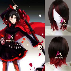 Rwby ruby ​​kort rak brun blandad röd syntetisk cosplay anime wig lolita peruk