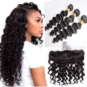 Brazilian Loose Deep Wave Human Hair Weaves with 13x4 Lace Frontal Full Head Black Color Can be Dyed Pre-Plucked Closures