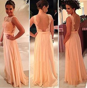 Gratis frakt! Högkvalitativ Backless Chiffon Lace Long Peach Färg Till Salu Billiga Brudtärna Klänningar Bröllop Maid Dress BD111