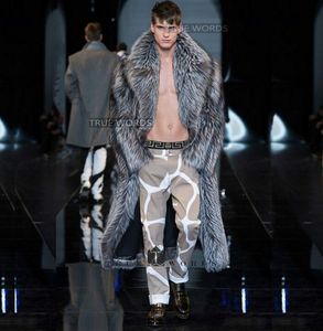 銀の冬の厚い暖かいフェイクの毛皮のコートメンズレザーミンクオーバーコートメンズロングデザイントレンチコートJaqueta de Couro Plusサイズ