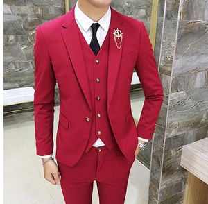 Slim Fit Red Men Bröllop Tuxedos Notch Lapel Center Vent Groom Tuxedos Utmärkt Män Middag Prom Blazer 3 Piece Suit (Jacka + Byxor + Tie + Vest) 8