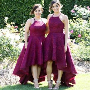 Bordo Dantel Kısa Nedime Elbiseler 2018 Yeni Varış Kolsuz Dubai Düğün Konuk Elbiseleri Custom Made Zarif Yüksek Düşük Balo Elbise