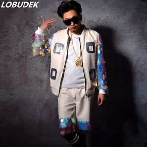 Vit PU Läderjacka Byxor Sequins Mäns Passar Tide Manlig Nattklubb DJ Sångare Steg Outfit Star Vocal Concert Dancer Rock Hip-hop kostym