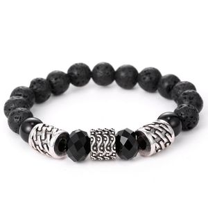 Tibetan Antique Silver Plated Buddhism Six Words Mantra Lotus Bracelet Men Natural India Onyx Mala Bracelets Yoga Jewelry