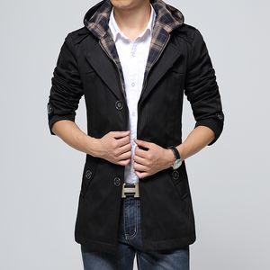 Wholesale- Fashion Brand Long Trench Coat Men 2017 Winte Hat Detachable Hooded Windbreaker Male Casual Cotton Solid Jacket 4XL