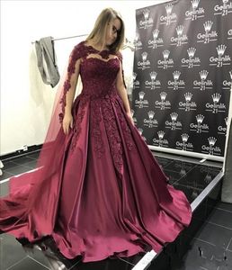 Luxury Burgundy A Line Evening Dresses With Watteau Train Scoop Neck Beads Crystals Handmade Flowers Satin Floor Length Prom Dresses