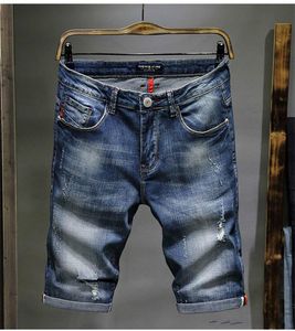 Mode män denim blå shorts sommar avslappnad knä längd Kort hål jeans plus storlek 28-38