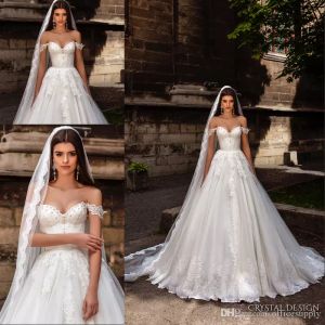 Kristall-Design-Brautkleider, schulterfrei, Bustier, stark mit Spitze verziertes Mieder, Prinzessin-A-Linie-Ballkleid-Brautkleider