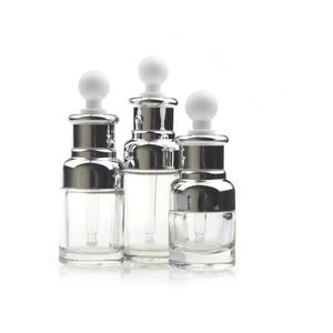 20 30 50ml Tom Refillerbar Upscale Clear Glass Bottle Essential Olje Elite Fluid Cosmetic Jar Containerflaska med Glas Pipette Eye Dropper