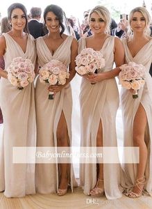 Cheap Champagne Bridesmaid Dresses Chiffon Deep V Neck Front Side Slit High Split Plus Size Maid of Honor Gown Wedding Guest Dress214V