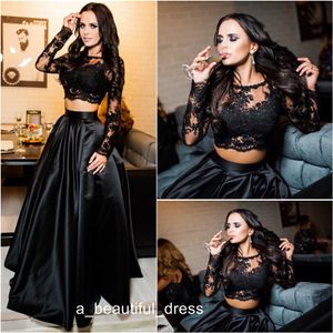 Charming Two Piece Black Prom Dresses Sheer Neck Long Sleeves Appliques Satin Custom Made Evening Gowns Formal Dresses ED1259