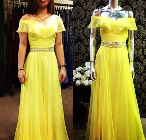 Fashion Prom Dresses Off Shoulder Ruffle Chiffon A-Line Evening Gowns With Belt Floor Length Arabic Special Ocn Dress