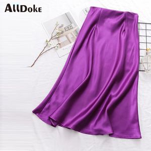 ALLDOKE purple casual maxi long skirt women summer high waist streetwear vintage ladies office satin A line skirt jupe femme