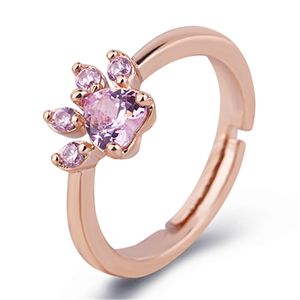 Cute Bear Paw Cat Claw Opening Adjustable Ring Rose Gold Rings for Women Romantic Wedding Pink Crystal CZ Love Gifts Jewelry