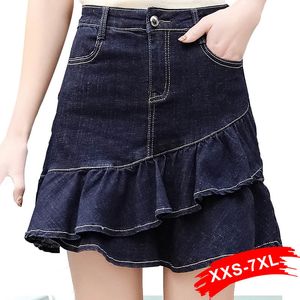 Plus Size em camadas babados mini saia jeans 3xl 5xl 7xl verão cintura alta bandagem bodycon curto jeans skorts mulheres saia mujer t200301