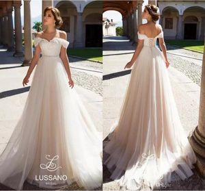 Lussano Charming Bohemian Wedding Dresses 2019 Off Shoulder Lace Appliques Sweep Train Modest Beach Bridal Gowns Cheap A Line Wedding Dress