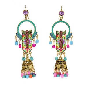 Bohemian Style with Color Beads Drop Dangle Jhumka with Rhinestone Earrings Women Classic Retro Turkey Gold Tassel Earrings