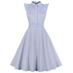 Kenancy 1960S Audrey Hepburn Swing Rockabilly VintageドレスプラスサイズブルーストライププリントフリルレトロなドレスパーティーVestidos 4xl Y19051102