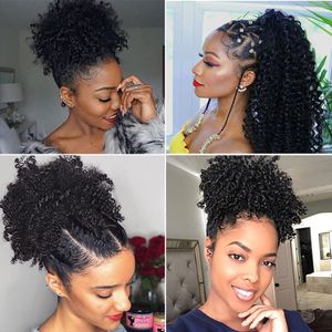 Brasilianska Human Virgin Remy Kinky Curly Penytail Hair Extensions Clip Ins Afrikansk Human Ponytail Förlängning Naturlig Black 1B För Svarta Kvinnor