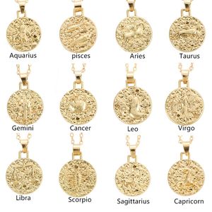 12 Constellation smycken halsband guld jungfru libra scorpio skytten Capricorn Aquarius Zodiac Necklace Circle Pendant Bijoux