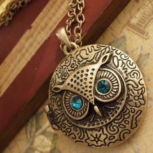 Lange Bronzekette großhandel-Halsketten Anhänger Antik Bronze Blue Eye Owl Medaillon Retro Lange Ketten Halskette Anhänger