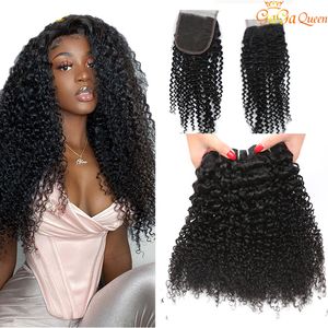4x4 Lace closure with human hair bundles unprocesed peruvian kinky curly hair bundles with 4x4 lace closure
