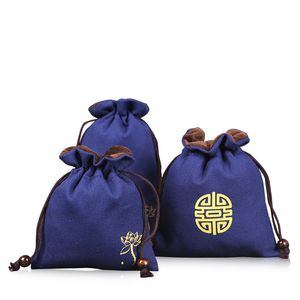 Long Thicken Chinese style Blue Cloth Pouch Velvet Jewellery Pouch Travel Drawstring Storage Bag Linen Pouches